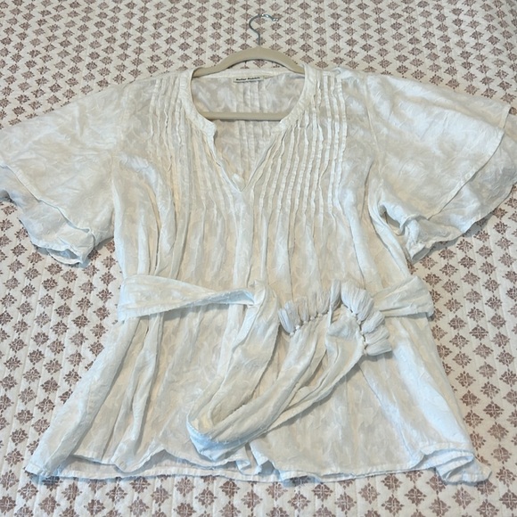 Roller Rabbit Tunic Notch Collar Tassel Belted White Cotton Flutter Sleeve Top - Picture 14 of 14